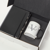 Initial Name Black Notebook With Pen & Two Tone Blue Mug