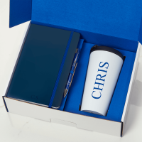 Blue Notebook & Pen & White With Black Lid Travel Flask