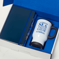Skilled Sailor Blue Inner with Blue Notebook & Pen & White With Black Handle Travel Mug