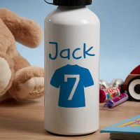 Personalised Blue Football Shirt White Water Bottle