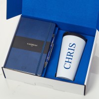 Blue Inner with Blue Notebook & Pen & White With Black Lid Travel Flask