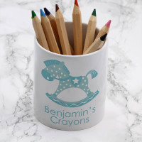 personalised Blue Rocking Horse Pen Pot