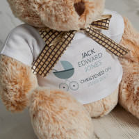 Personalised Blue Pram Christening Beige Fluffy Teddy Bear