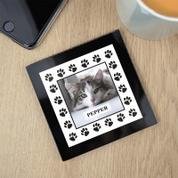 personalised Cat Paw Border Black Glass Photo Coaster 