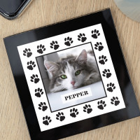 personalised Cat Paw Border Black Glass Photo Coaster 