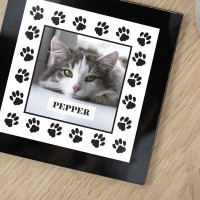 personalised Cat Paw Border Black Glass Photo Coaster 