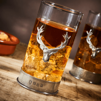 English Pewter Double Stag Head Highball Glasses Gift Set