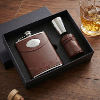 personalised 6oz Brown Leather Flask & Cups