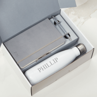Grey Notebook, Pen & White Water Bottle Gift Set