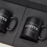 Happiness is Coffee BLACK with Black Satin Mugs