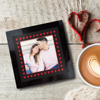 personalised Heart Border Black Glass Photo Coaster 