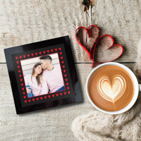 personalised Heart Border Black Glass Photo Coaster 