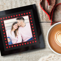 personalised Heart Border Black Glass Photo Coaster 