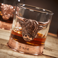 English Pewter Double Copper Highland Cow Whisky Glasses Gift Set