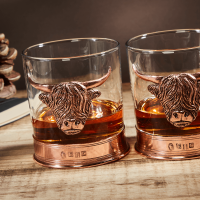 English Pewter Double Copper Highland Cow Whisky Glasses Gift Set