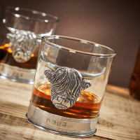 English Pewter Double Highland Cow Whisky Glasses Gift Set