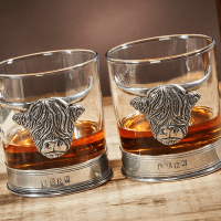 English Pewter Double Highland Cow Whisky Glasses Gift Set