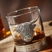 English Pewter Highland Cow Glass Whisky Tumbler