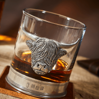 English Pewter Highland Cow Glass Whisky Tumbler