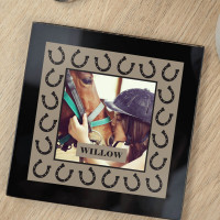 personalised Horse Shoe Border Black Glass Photo Coaster 