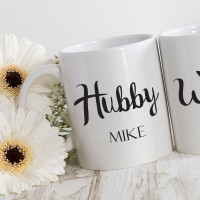 personalised hubby and wifey matching durham mugs