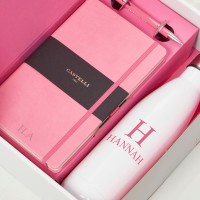 Pink Castelli Notebook, Pen & White Water Bottle Gift Set