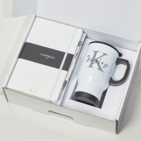 White Castelli Notebook, Pen & White Travel Flask Mug With Black Handle Gift Set 