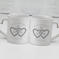 personalised Just Married Double Heart Handle Mugs
