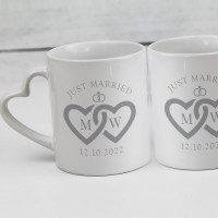 personalised Just Married Double Heart Handle Mugs