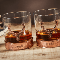 English Pewter Double Majestic Copper Stag Head Whisky Glasses Gift Set