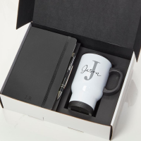 Black Castelli Notebook, Pen & Black Travel Flask Mug With Black Handle Gift Set 