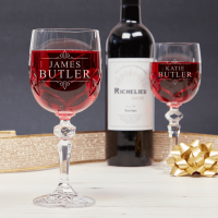 Ornate Frame Couples Names x2 Goblet Gift Set With Bottle Of Red Wine