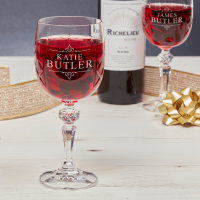 Ornate Frame Couples Names x2 Goblet Gift Set With Bottle Of Red Wine