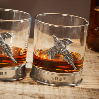 English Pewter Double Pheasant Whisky Glasses Gift Set