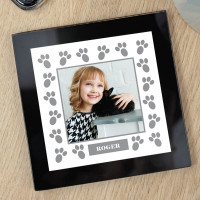 personalised Rabbit Paw Border Black Glass Photo Coaster 