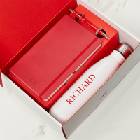 Red Notebook, Pen & White Water Bottle Gift Set