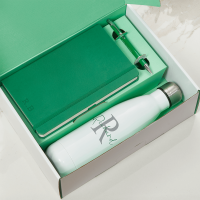 Green Notebook, Pen & White Water Bottle Gift Set