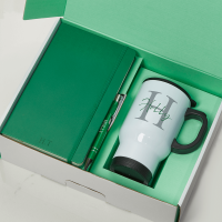 Engraved Green Castelli Notebook, Pen & Black Travel Flask Mug With Black Handle Gift Set 