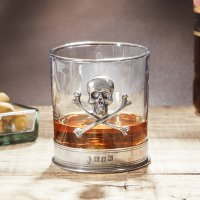 English Pewter Skull & Crossbones Glass Whisky Tumbler