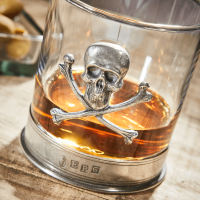 English Pewter Skull & Crossbones Glass Whisky Tumbler