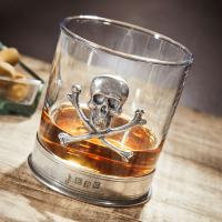 English Pewter Skull & Crossbones Glass Whisky Tumbler