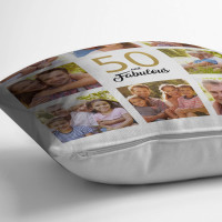 personalised 50 and Fabulous Collage Cushion (White) 18x18"