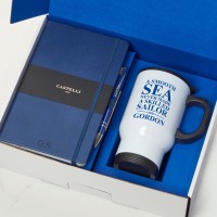 Skilled Sailor Blue Inner with Blue Notebook & Pen & White With Black Handle Travel Mug