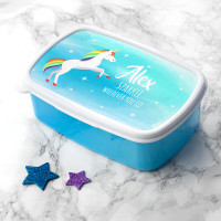 personalised Rainbow Unicorn Lunch Box - Blue