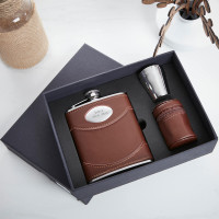 personalised 6oz Brown Leather Flask & Cups