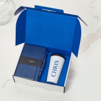 Blue Inner with Blue Notebook & Pen & White With Black Lid Travel Flask