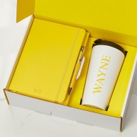 Verticle Name Yellow Inner with Yellow Notebook & Pen & White Travel Flask