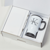White Notebook, Pen & White Travel Mug Gift Set