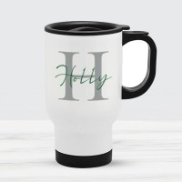 Engraved White travel Flask Mug With Black Handle