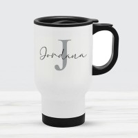 Engraved White travel Flask Mug With Black Handle